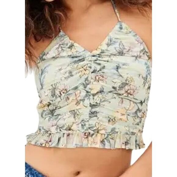 American Eagle Floral Cinched Tank Top Ruffle Ruched V Neck Green Small - Picture 1 of 7